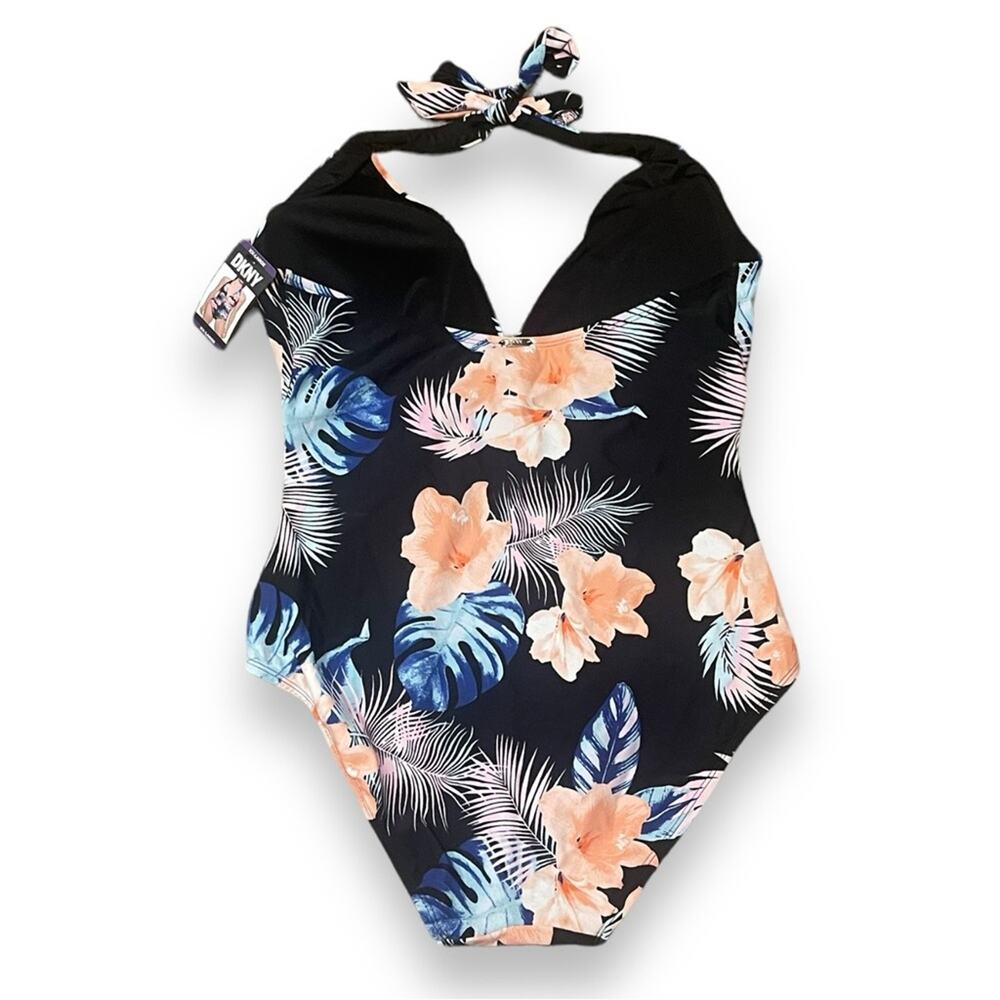 DKNY Tummy Control Halter Swimsuit Black Pink Blue XXL - Picture 3 of 5